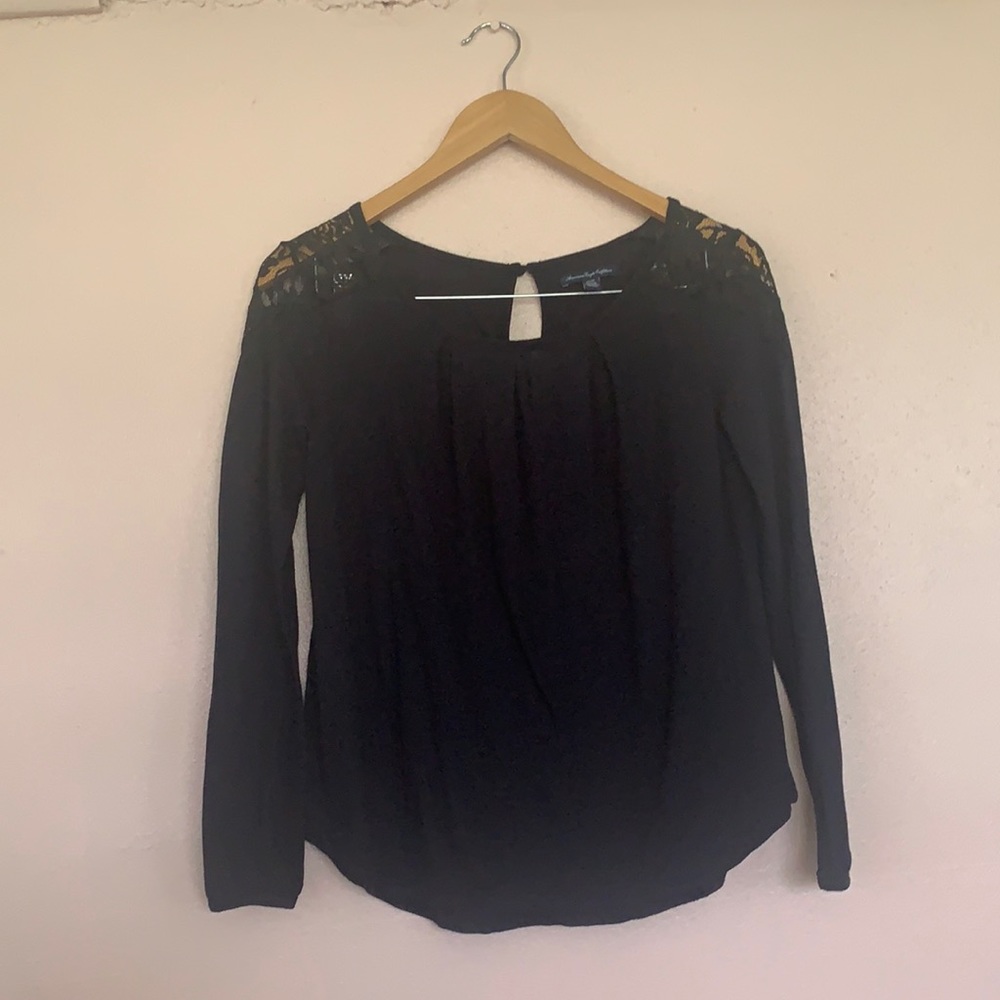 American Eagle Outfitters Long Sleeves Black Top XS Lace Shoulder - Picture 2 of 11